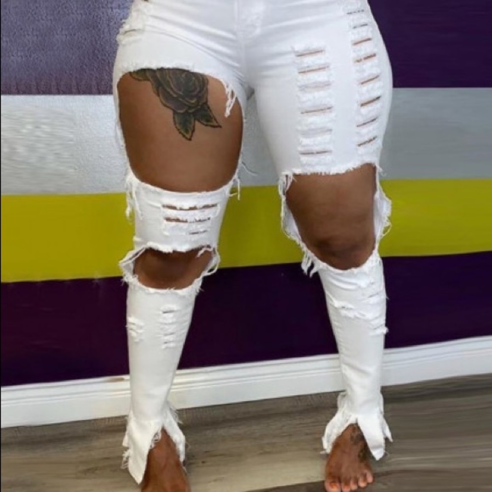 Street Hollow-out White Jeans